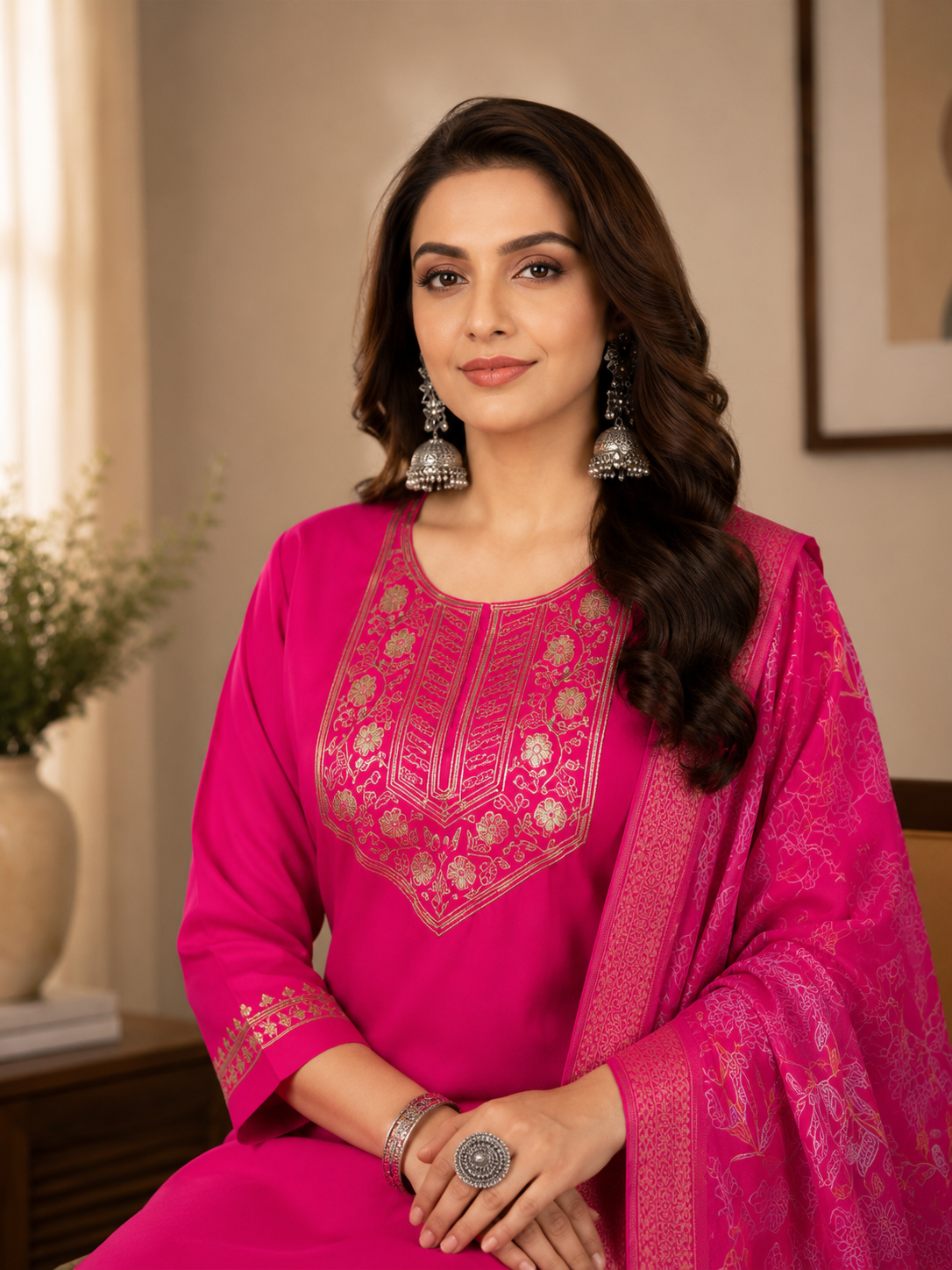 Minu Fashions Women Salwar Suit with Digital Floral Print Chanderi Dupatta