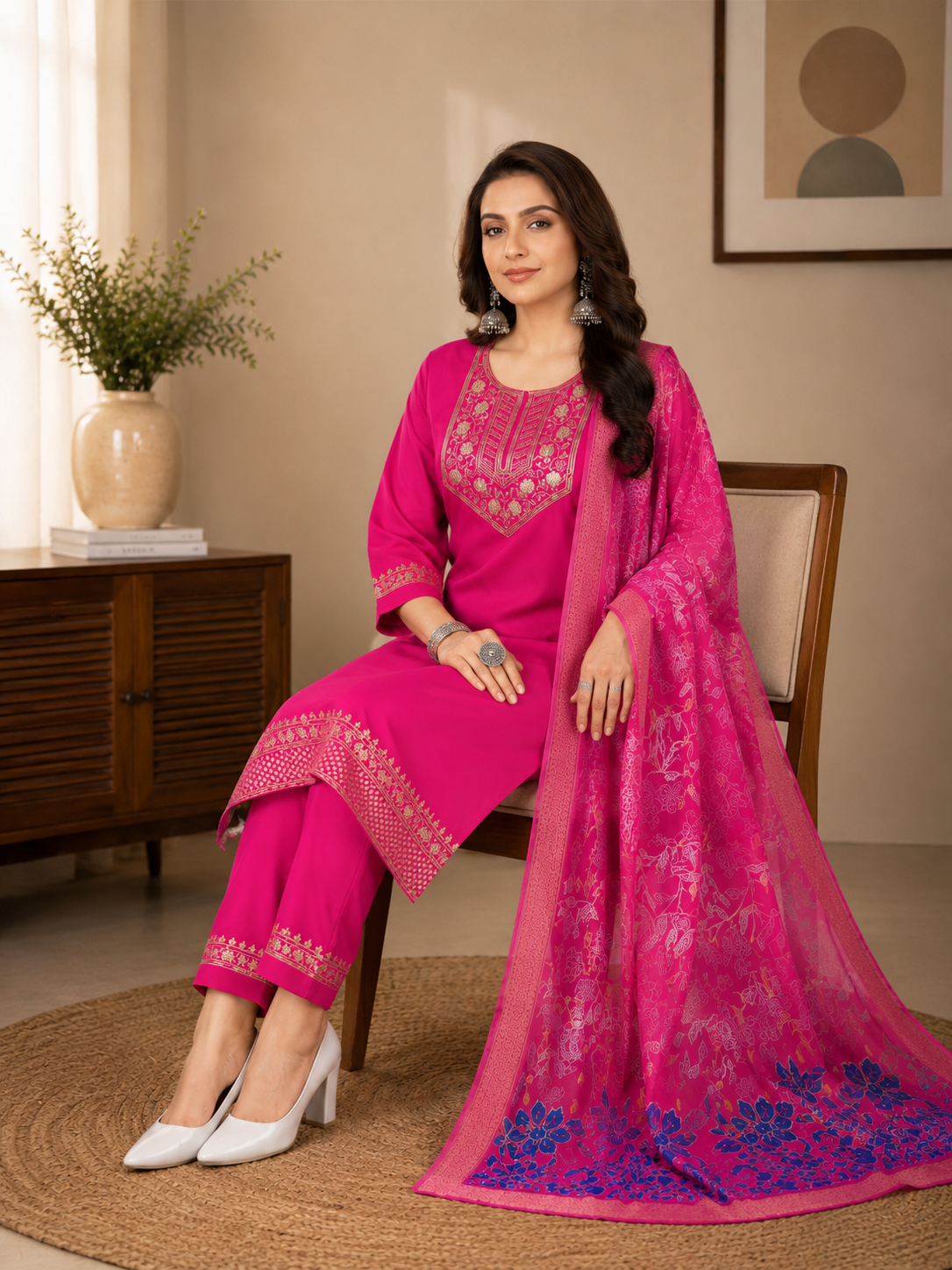 Minu Fashions Women Salwar Suit with Digital Floral Print Chanderi Dupatta