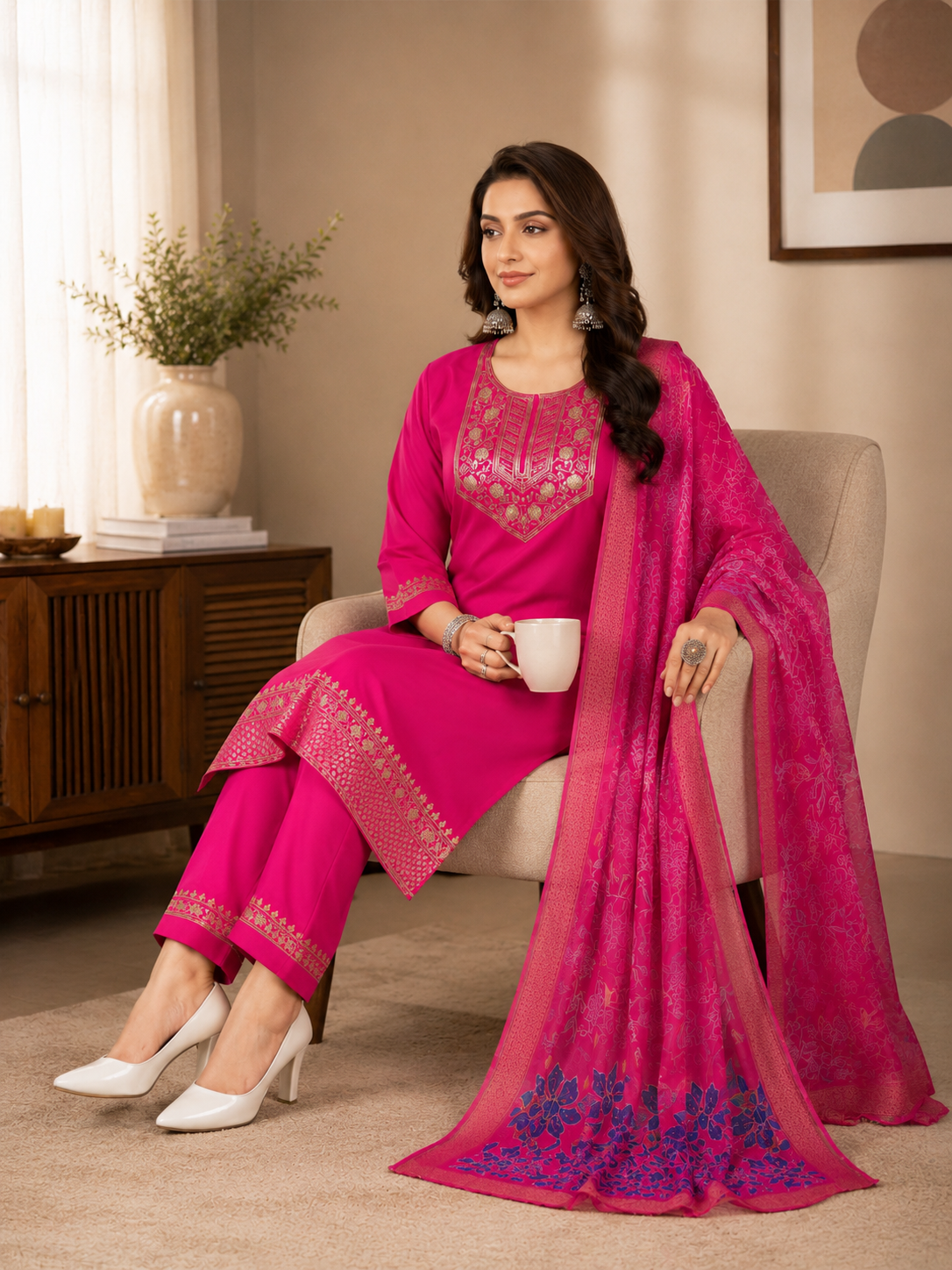 Minu Fashions Women Salwar Suit with Digital Floral Print Chanderi Dupatta