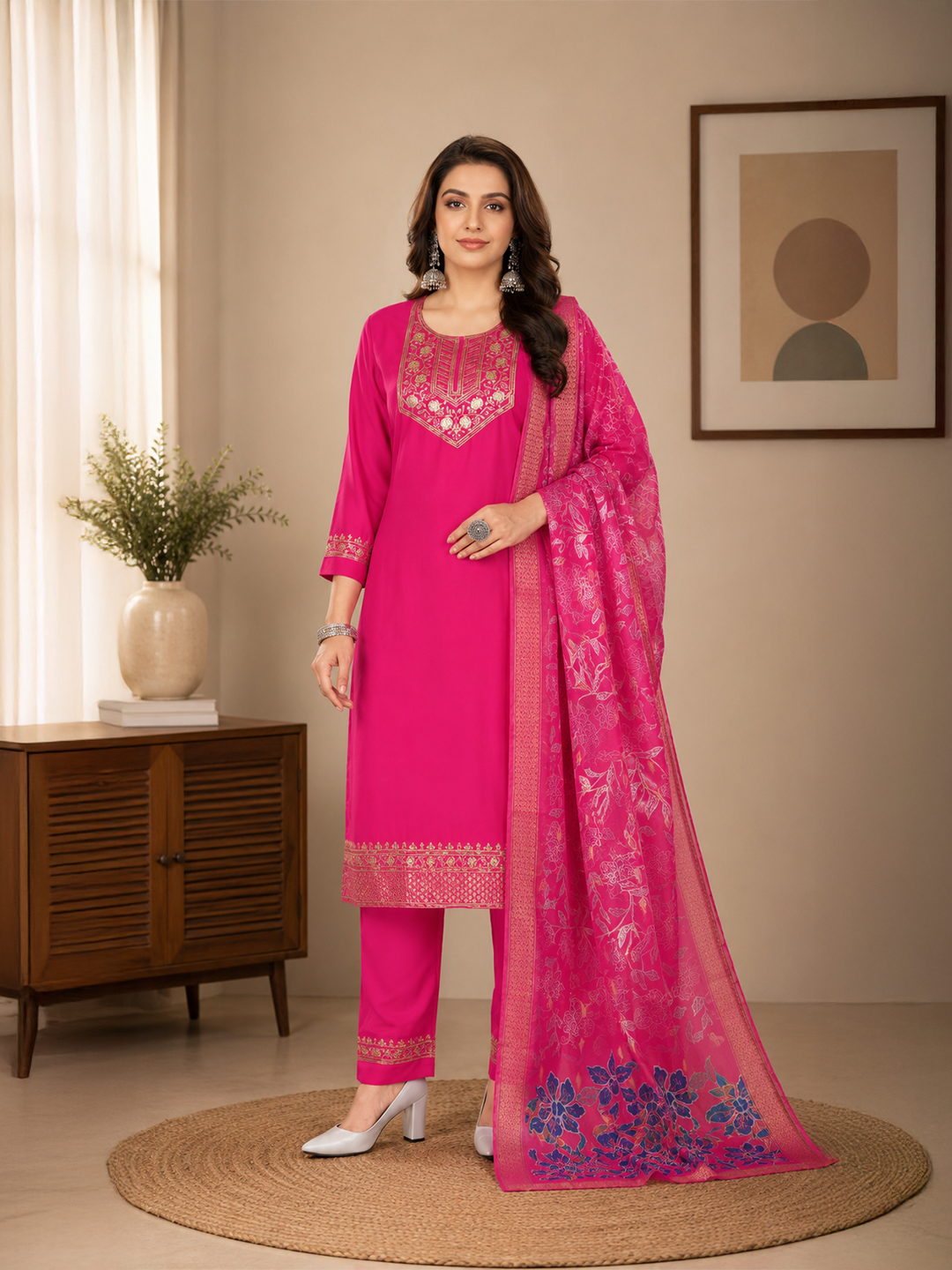 Minu Fashions Women Salwar Suit with Digital Floral Print Chanderi Dupatta