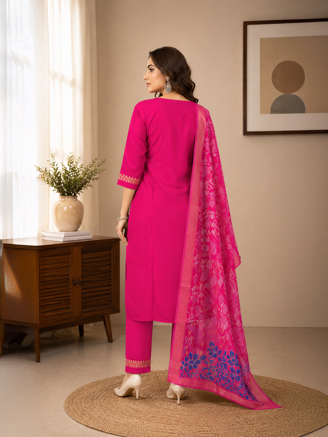 Minu Fashions Women Salwar Suit with Digital Floral Print Chanderi Dupatta