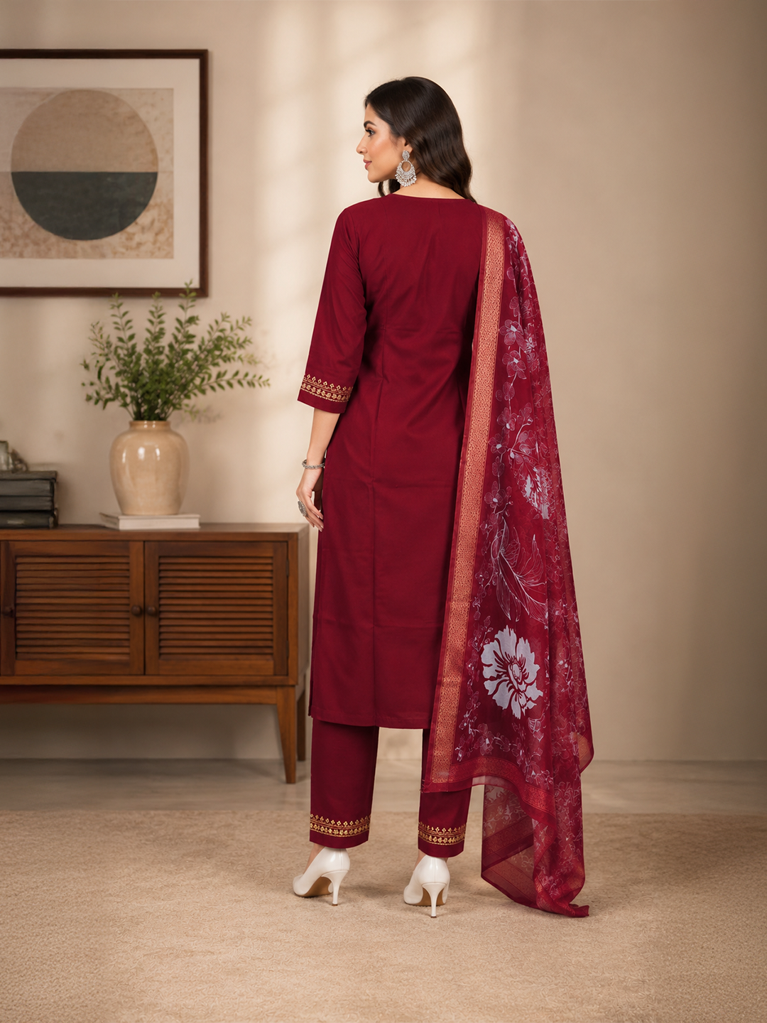 Minu Fashions Women Salwar Suit with Digital Floral Print Chanderi Dupatta