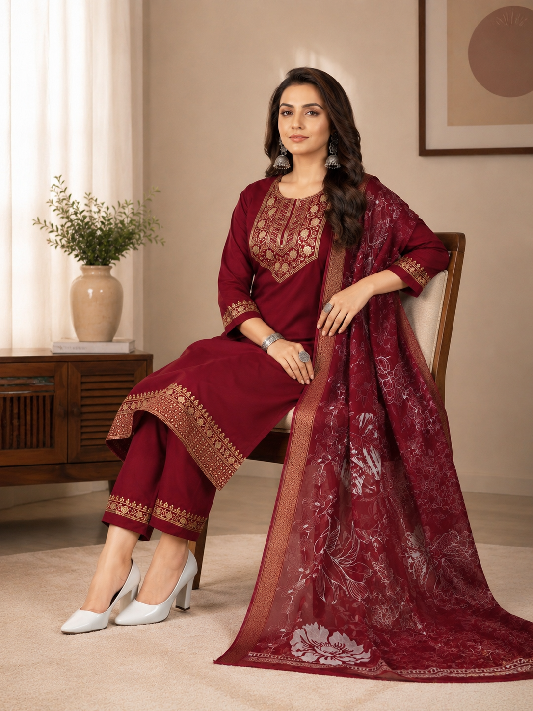 Minu Fashions Women Salwar Suit with Digital Floral Print Chanderi Dupatta