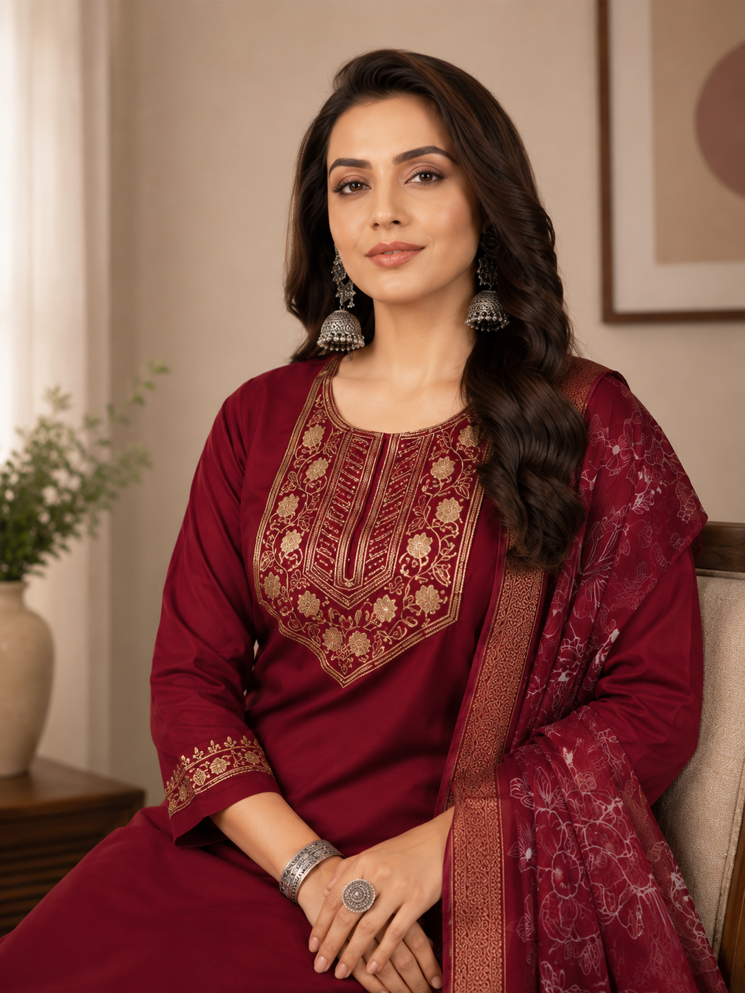 Minu Fashions Women Salwar Suit with Digital Floral Print Chanderi Dupatta