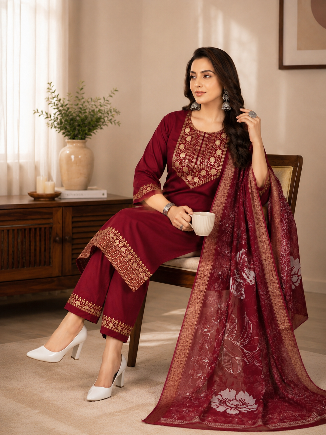 Minu Fashions Women Salwar Suit with Digital Floral Print Chanderi Dupatta