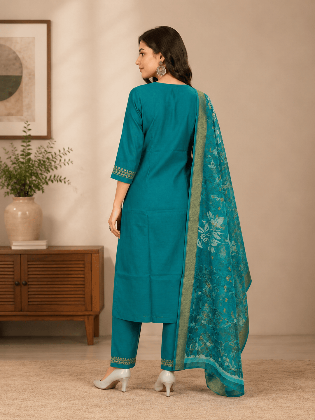 Minu Fashions Women Salwar Suit with Digital Floral Print Chanderi Dupatta