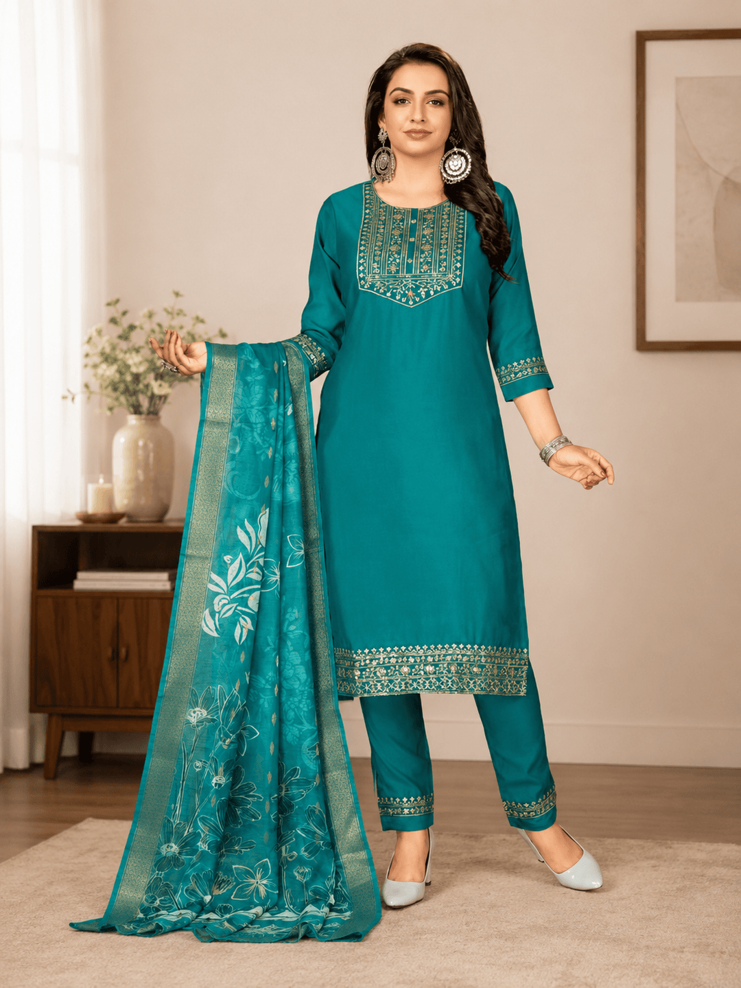 Minu Fashions Women Salwar Suit with Digital Floral Print Chanderi Dupatta