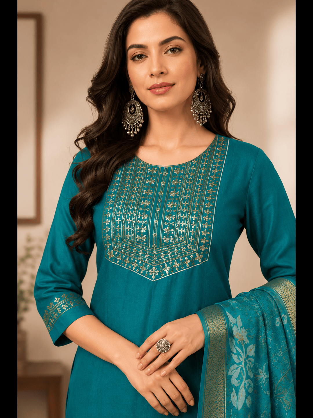 Minu Fashions Women Salwar Suit with Digital Floral Print Chanderi Dupatta