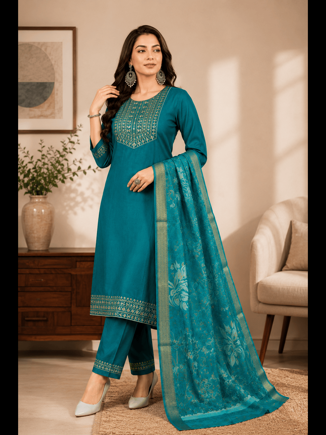 Minu Fashions Women Salwar Suit with Digital Floral Print Chanderi Dupatta