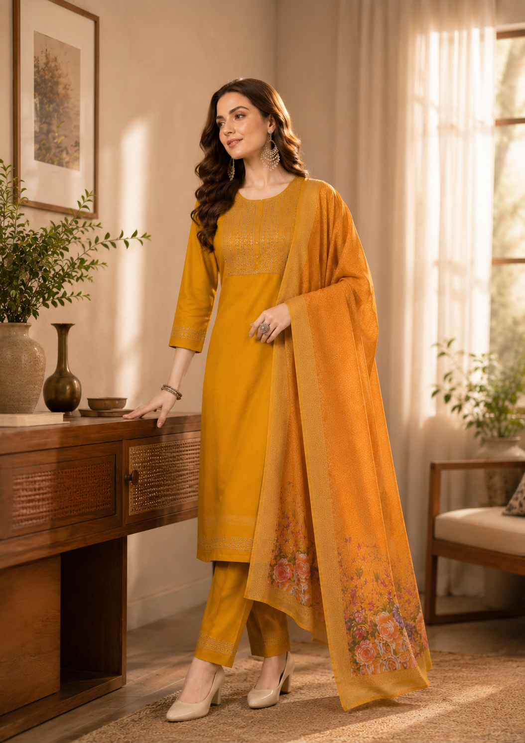 Minu Fashions Women Salwar Suit with Digital Floral Print Chanderi Dupatta