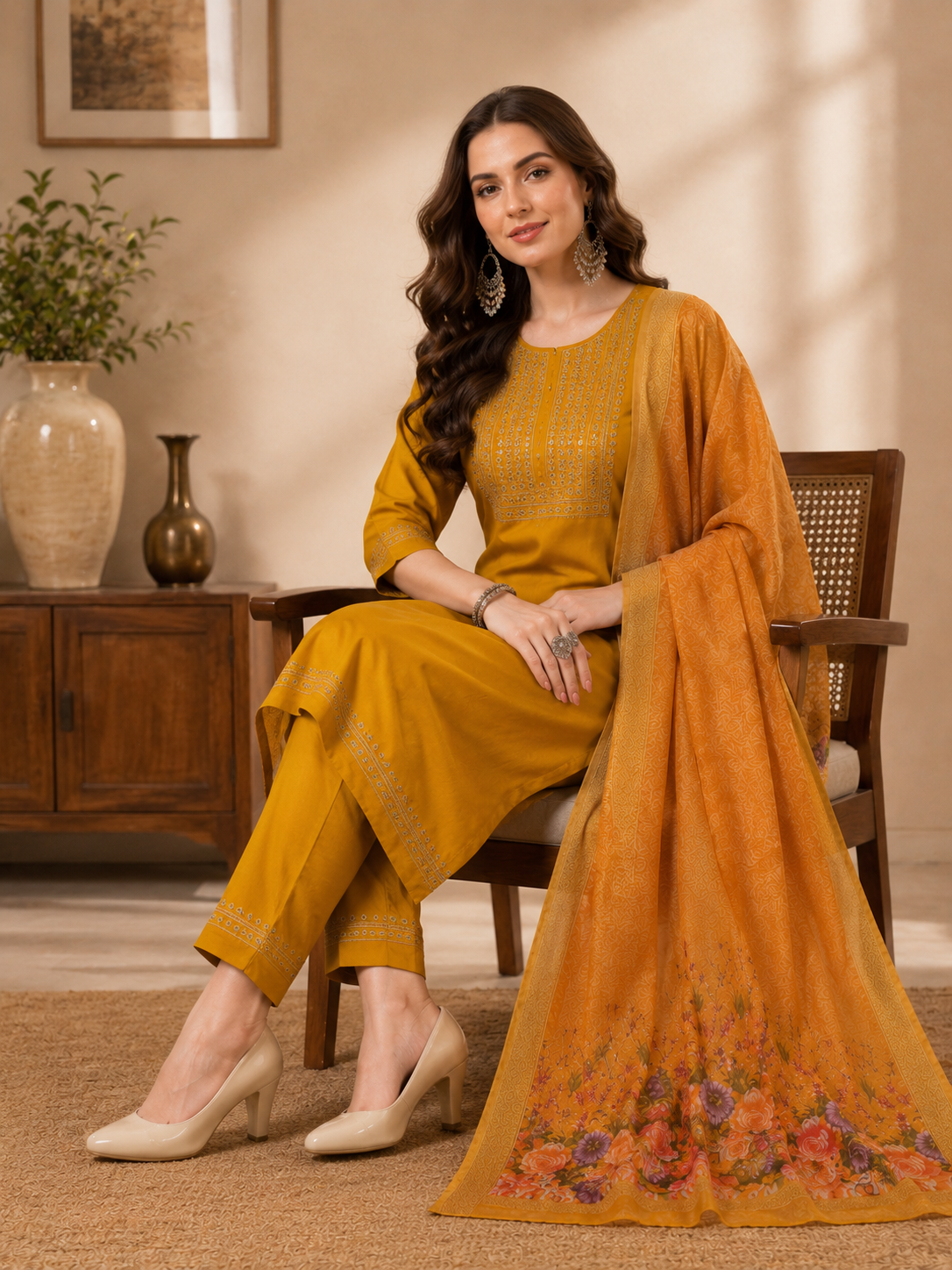 Minu Fashions Women Salwar Suit with Digital Floral Print Chanderi Dupatta