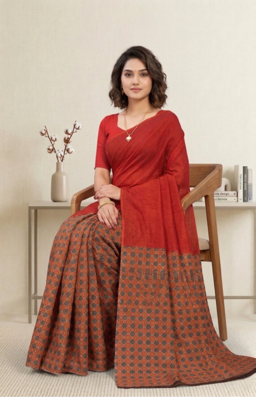 Raasa Ajrakh Pure Cotton Half-Half Printed Daily Wear Saree