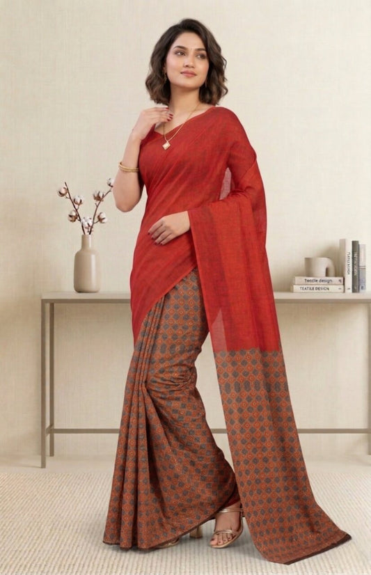 Raasa Ajrakh Pure Cotton Half-Half Printed Daily Wear Saree