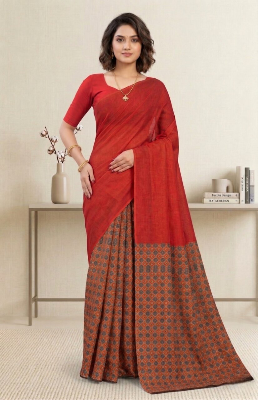 Raasa Ajrakh Pure Cotton Half-Half Printed Daily Wear Saree