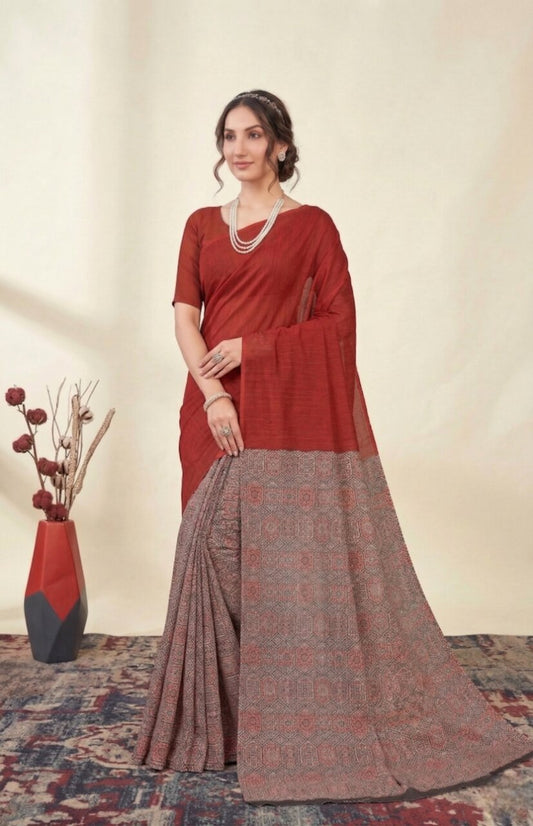 Raasa Ajrakh Pure Cotton Half-Half Printed Daily Wear Saree