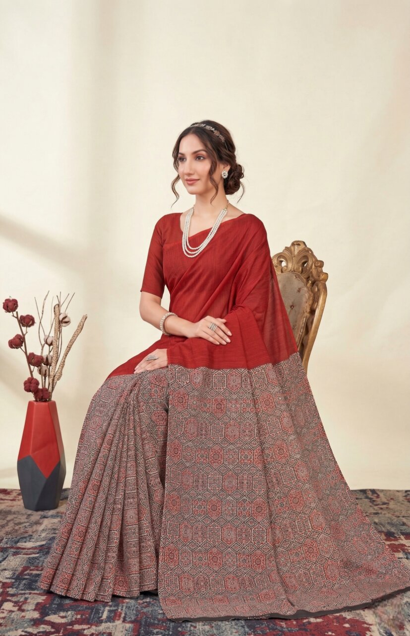 Raasa Ajrakh Pure Cotton Half-Half Printed Daily Wear Saree