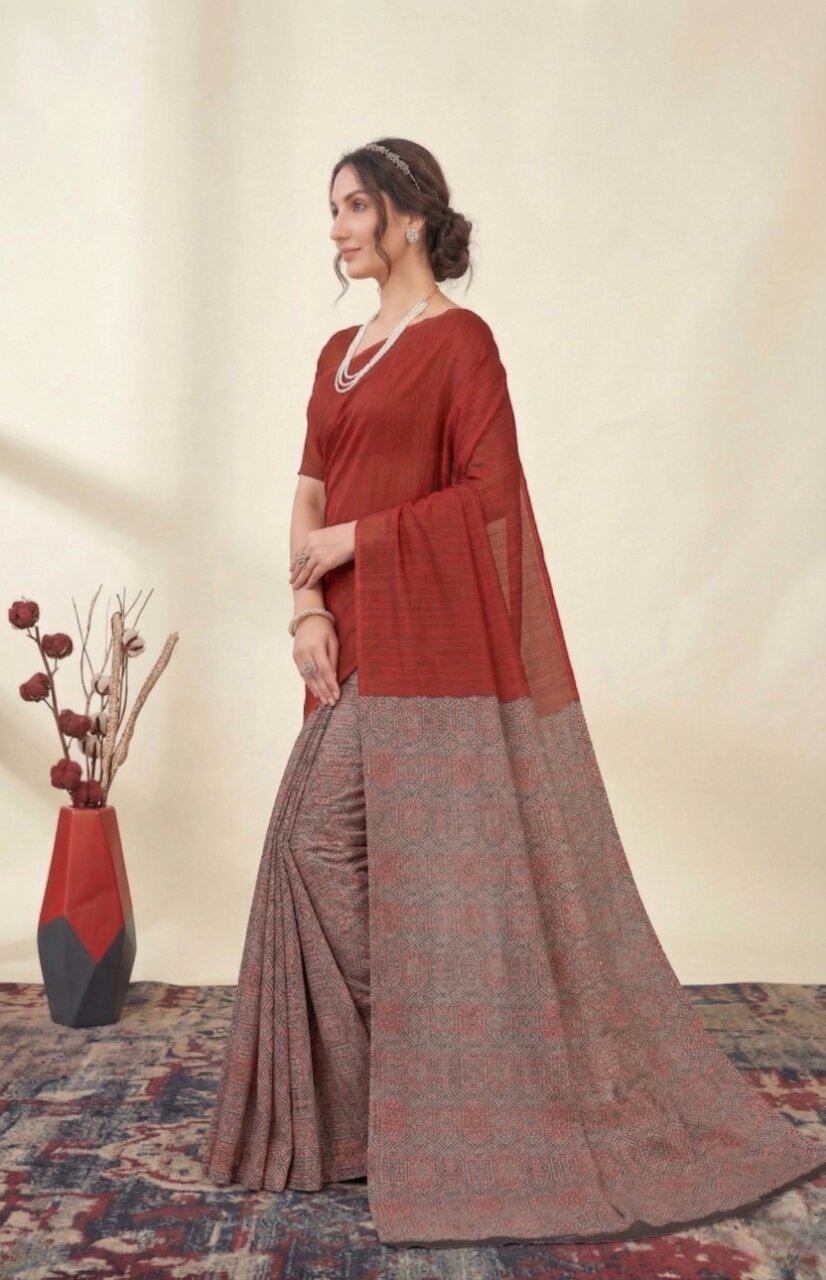 Raasa Ajrakh Pure Cotton Half-Half Printed Daily Wear Saree
