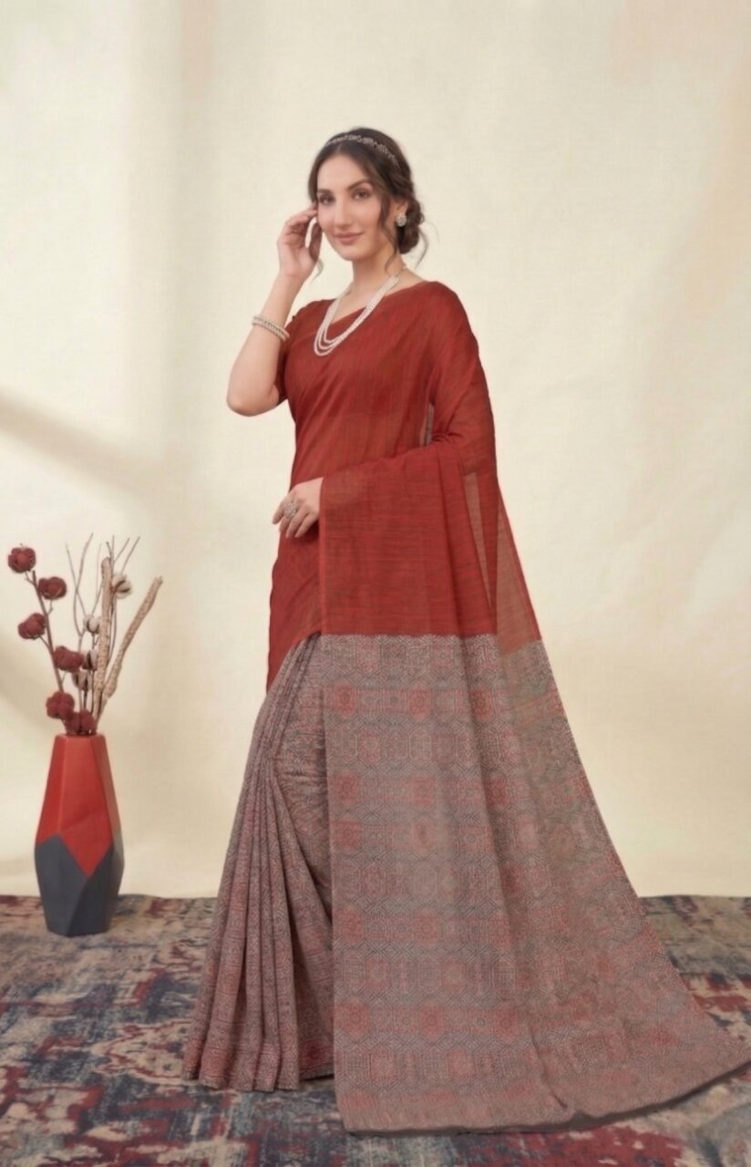 Raasa Ajrakh Pure Cotton Half-Half Printed Daily Wear Saree