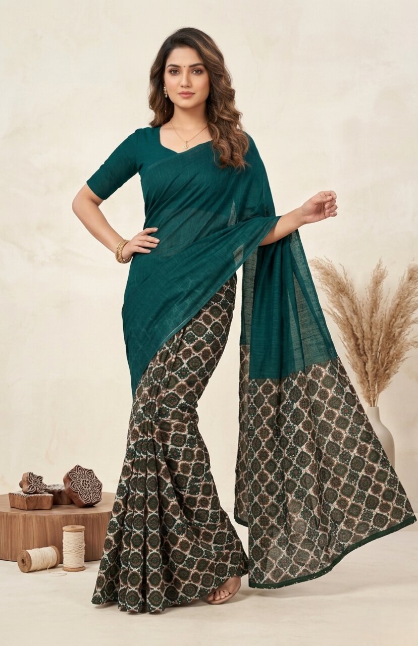 Raasa Ajrakh Pure Cotton Half-Half Printed Daily Wear Saree