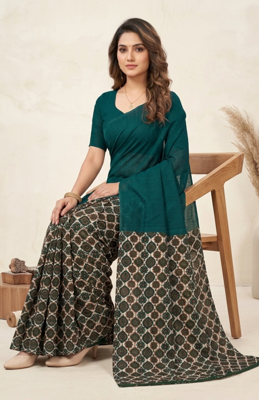 Raasa Ajrakh Pure Cotton Half-Half Printed Daily Wear Saree