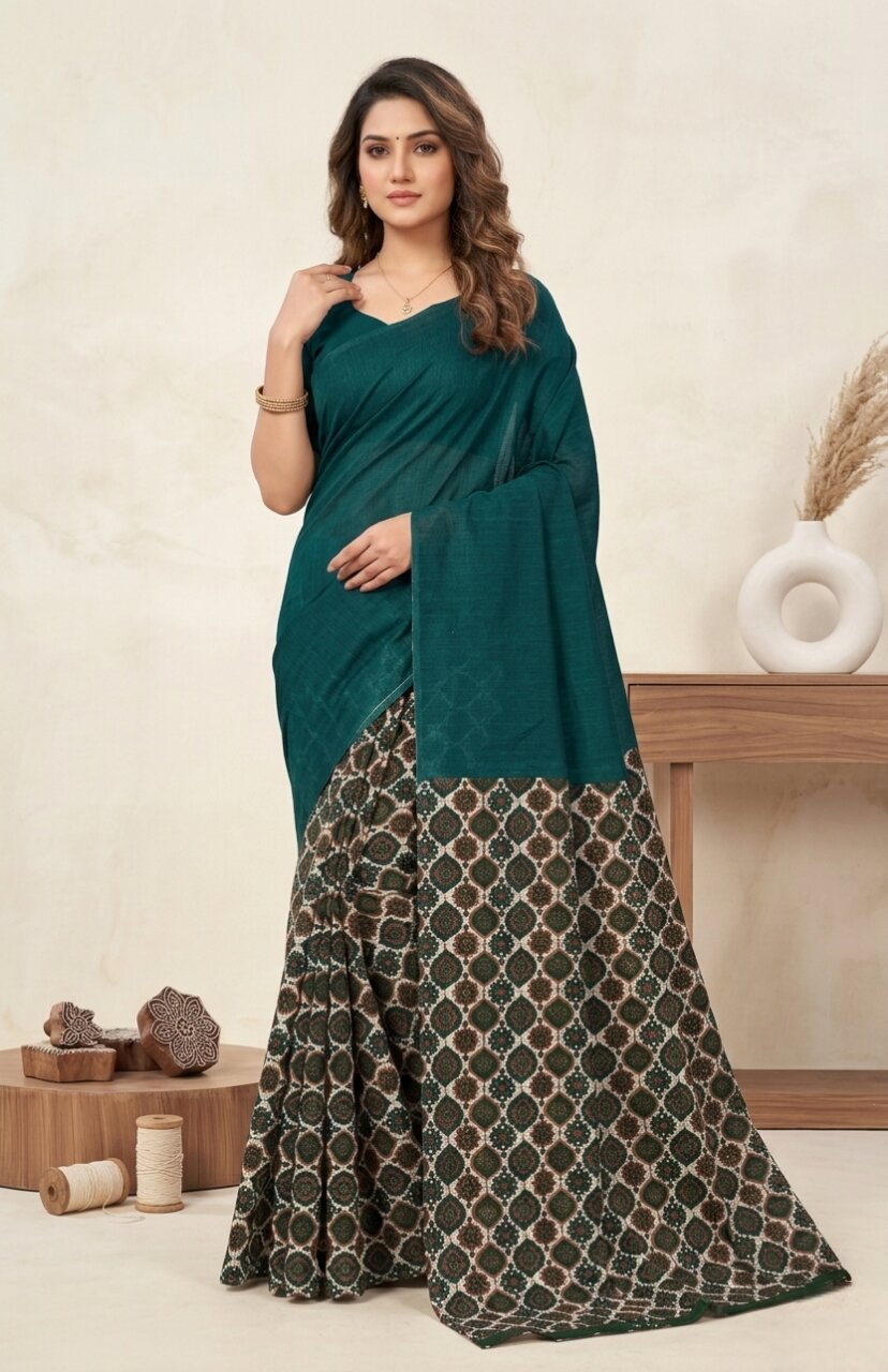 Raasa Ajrakh Pure Cotton Half-Half Printed Daily Wear Saree