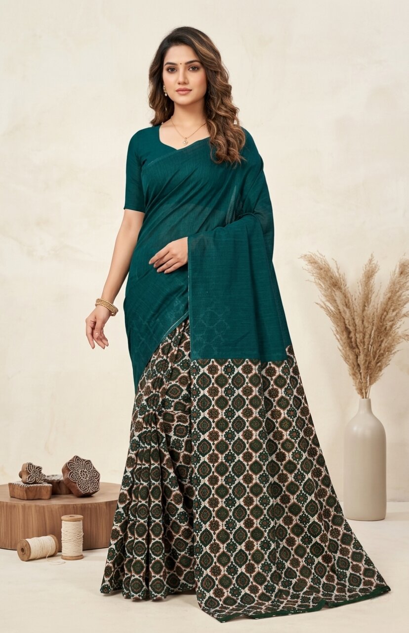 Raasa Ajrakh Pure Cotton Half-Half Printed Daily Wear Saree