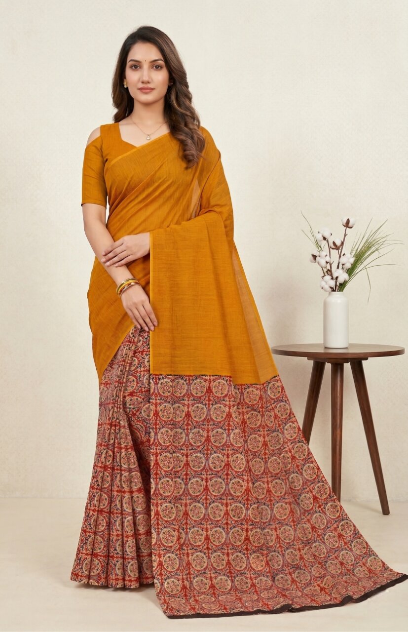 Raasa Ajrakh Pure Cotton Half-Half Printed Daily Wear Saree