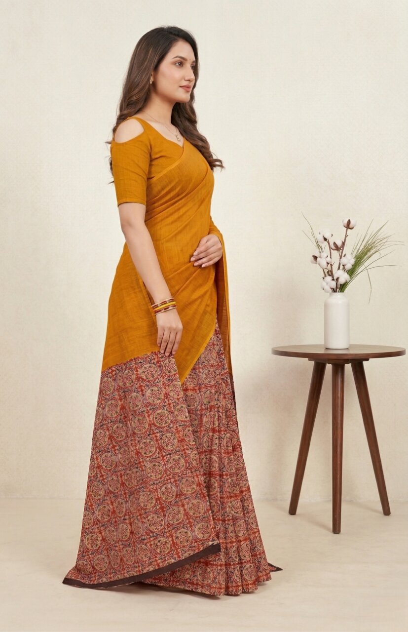 Raasa Ajrakh Pure Cotton Half-Half Printed Daily Wear Saree