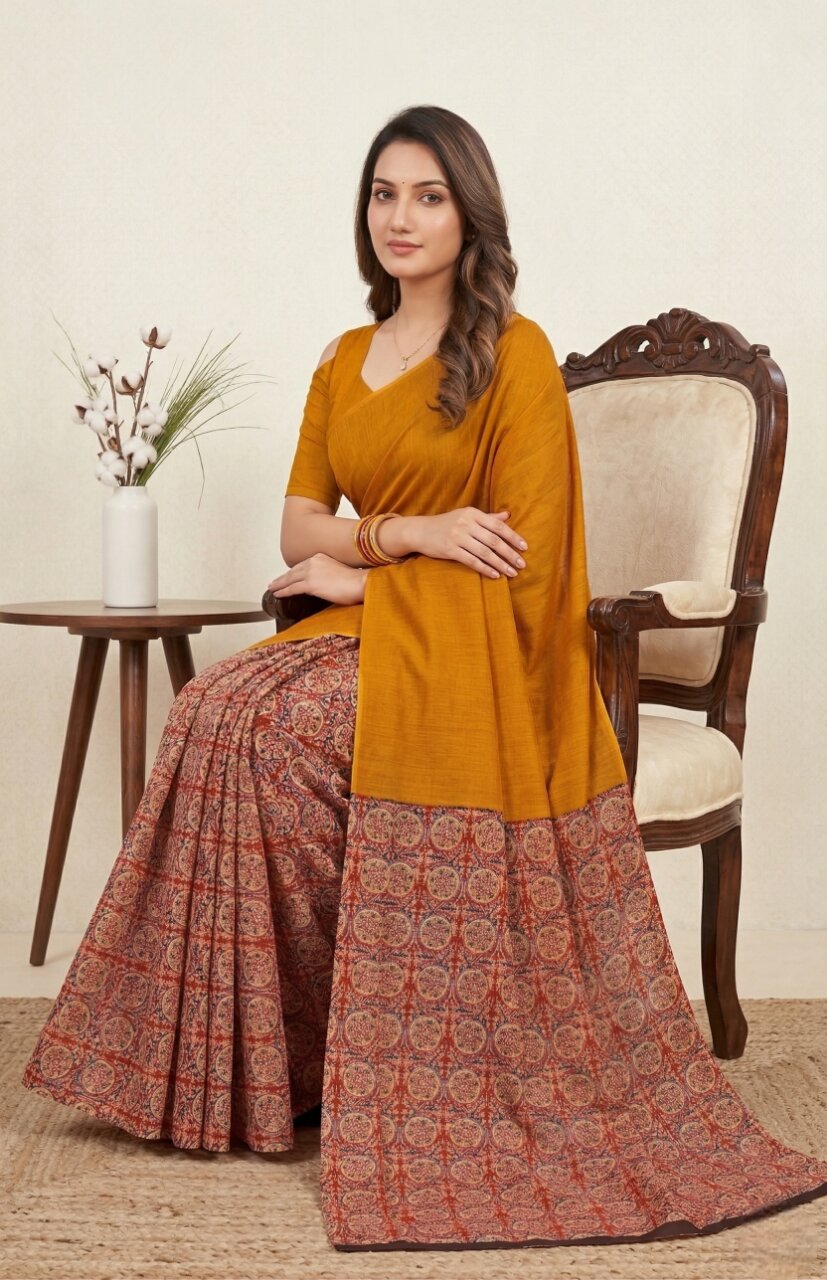 Raasa Ajrakh Pure Cotton Half-Half Printed Daily Wear Saree