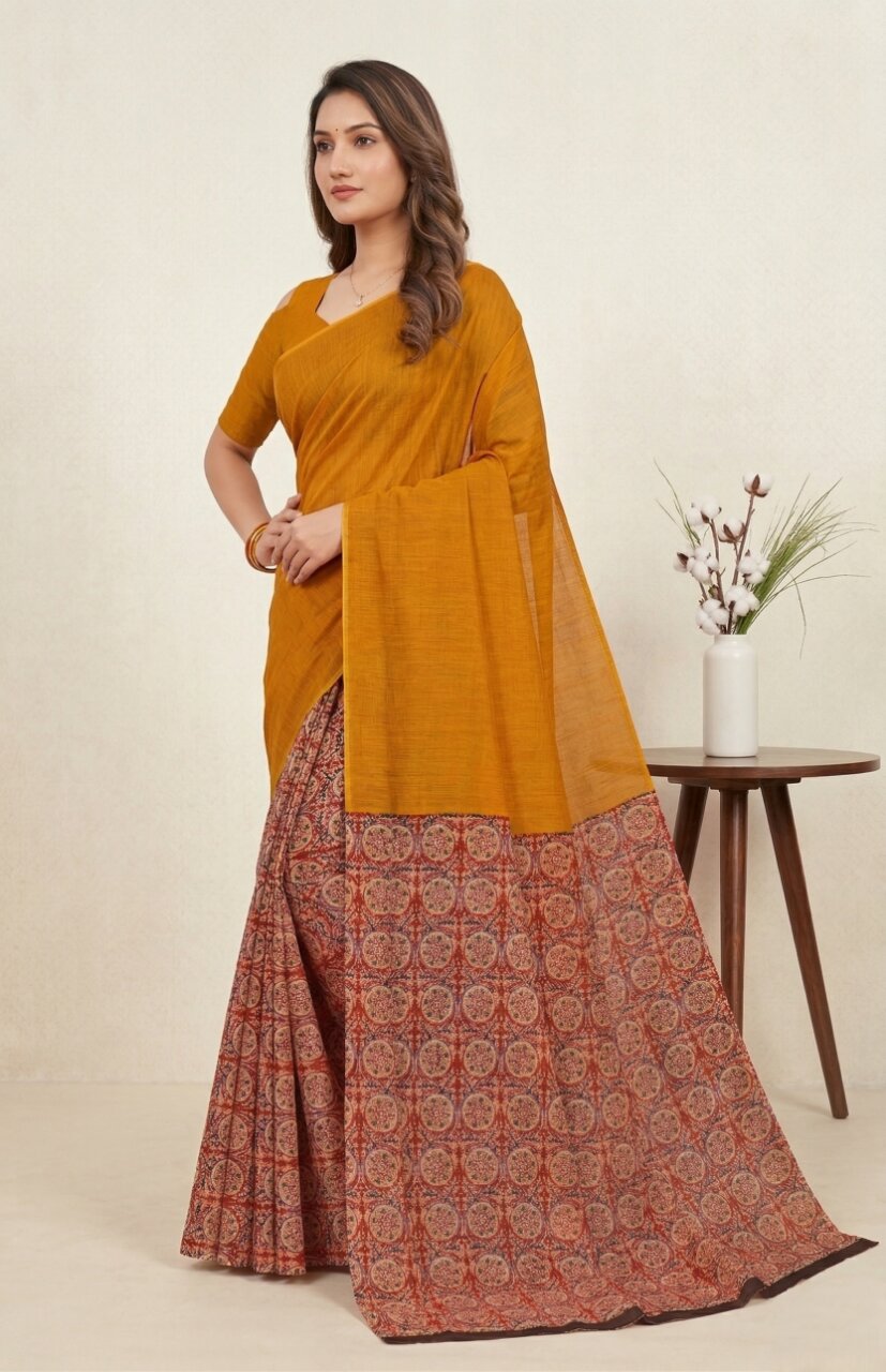 Raasa Ajrakh Pure Cotton Half-Half Printed Daily Wear Saree