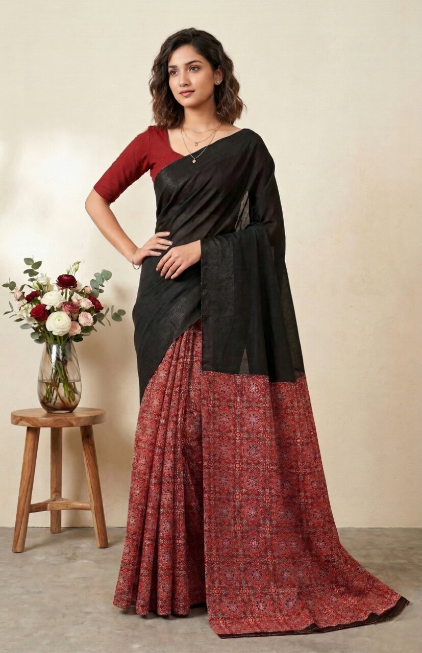 Raasa Ajrakh Pure Cotton Half-Half Printed Daily Wear Saree