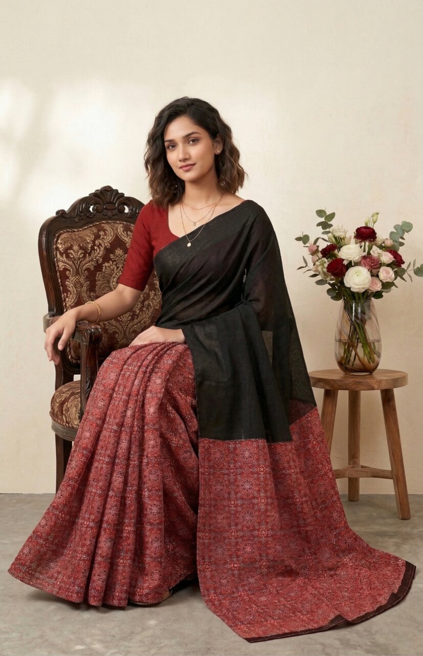 Raasa Ajrakh Pure Cotton Half-Half Printed Daily Wear Saree