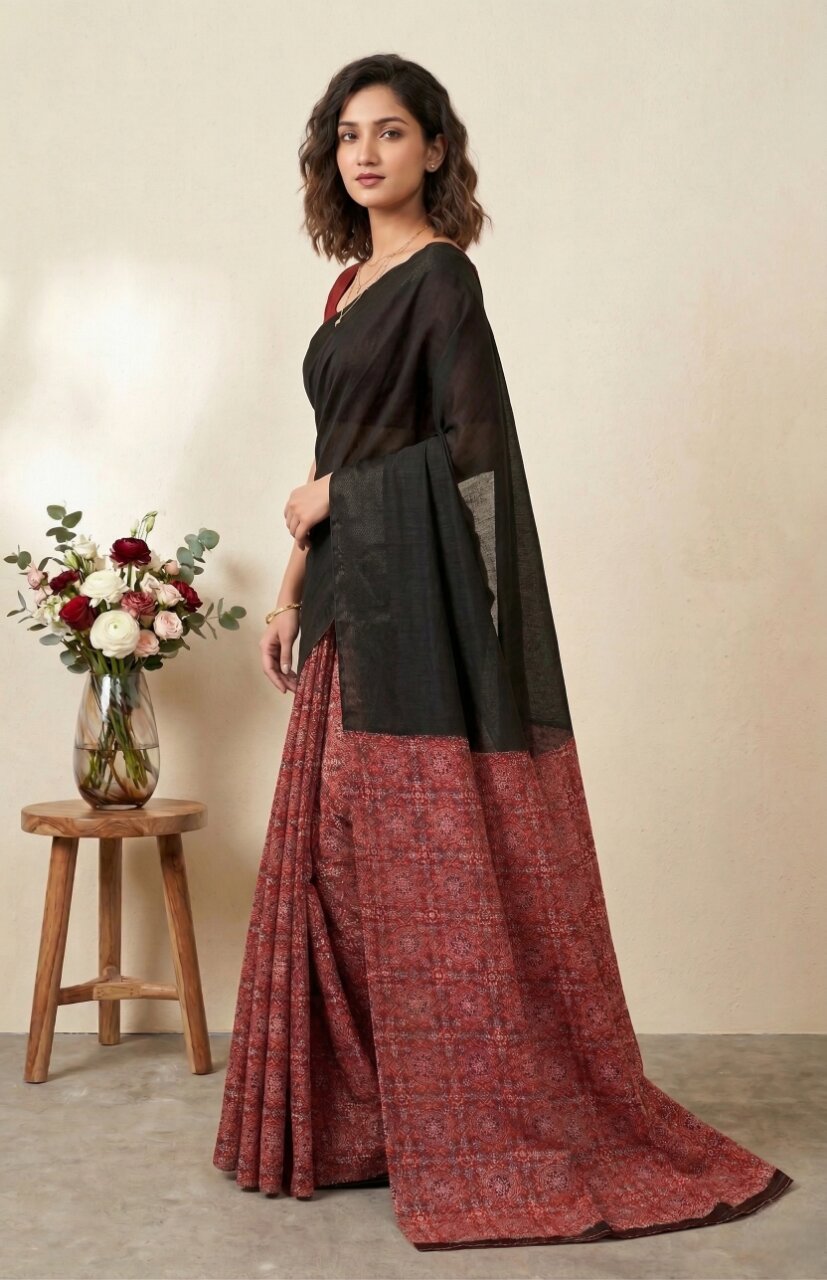 Raasa Ajrakh Pure Cotton Half-Half Printed Daily Wear Saree