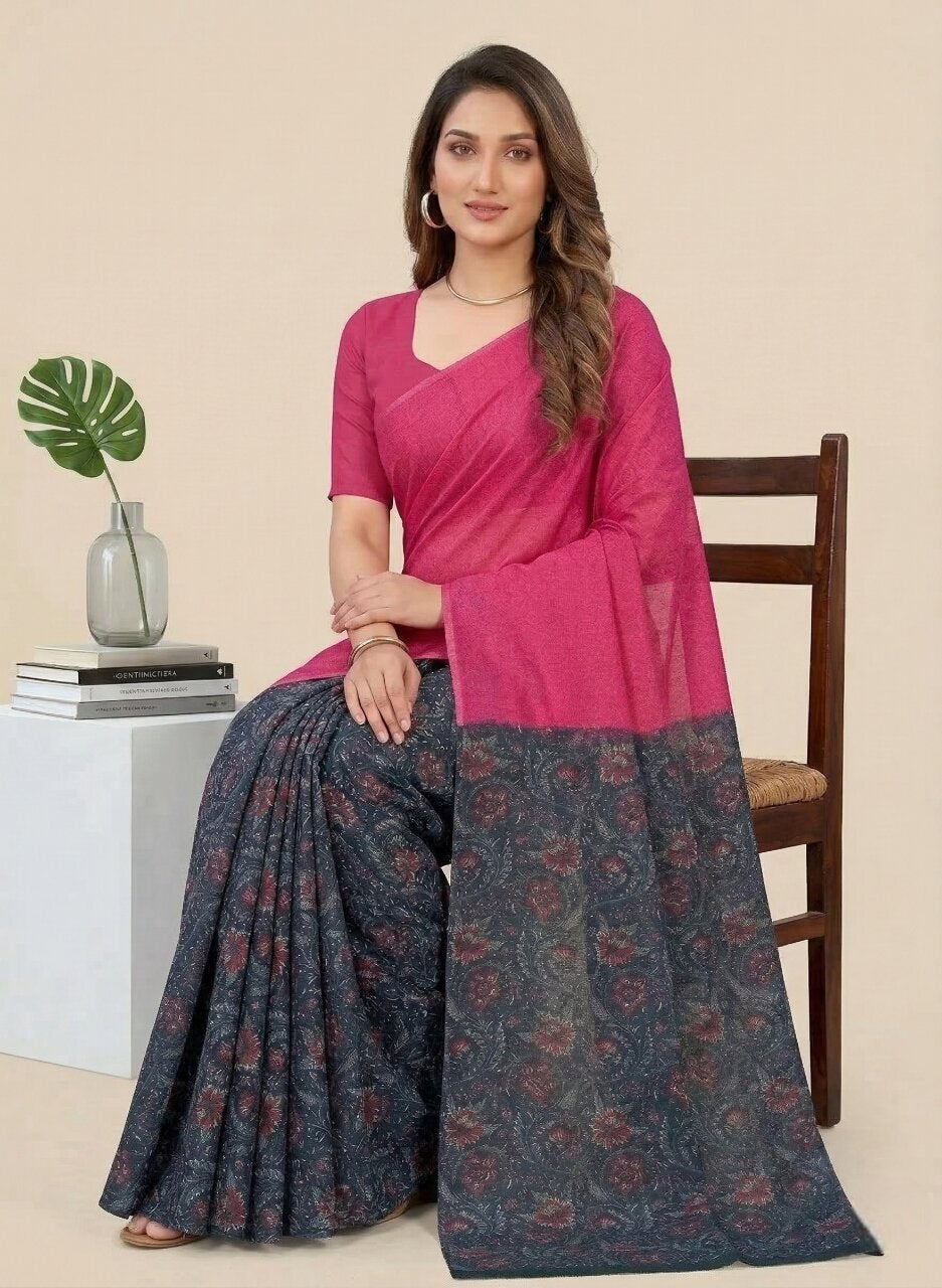 Saachi V- Pure Cotton Half-Half Printed Daily Wear Saree