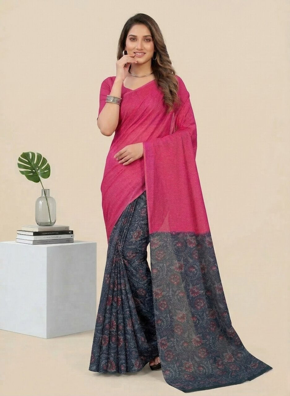 Saachi V- Pure Cotton Half-Half Printed Daily Wear Saree
