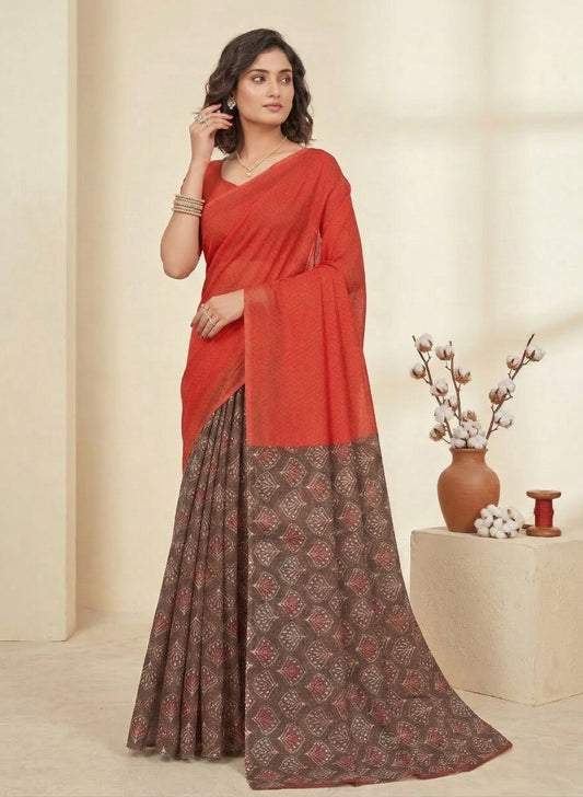 Saachi V- Pure Cotton Half-Half Printed Daily Wear Saree