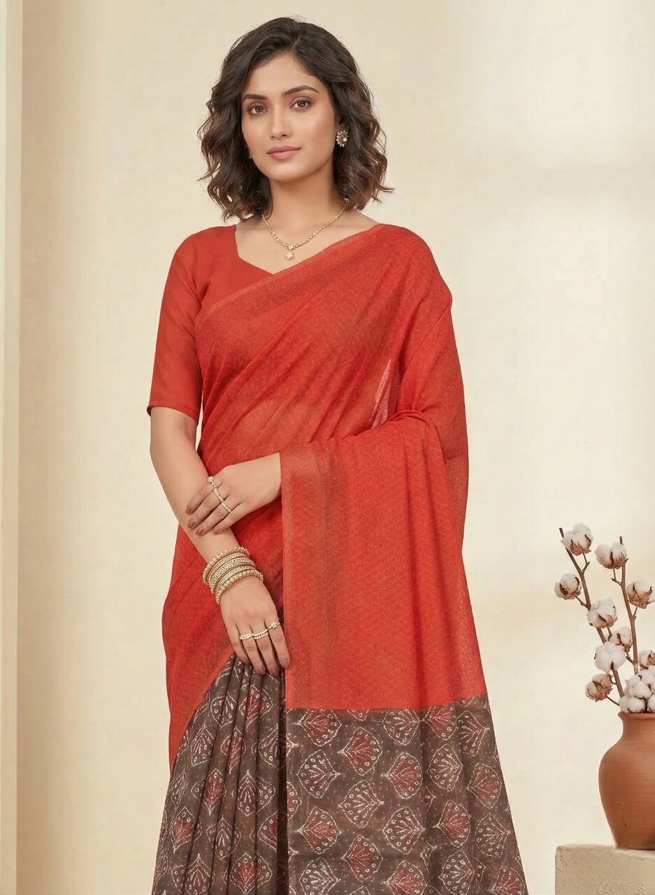 Saachi V- Pure Cotton Half-Half Printed Daily Wear Saree
