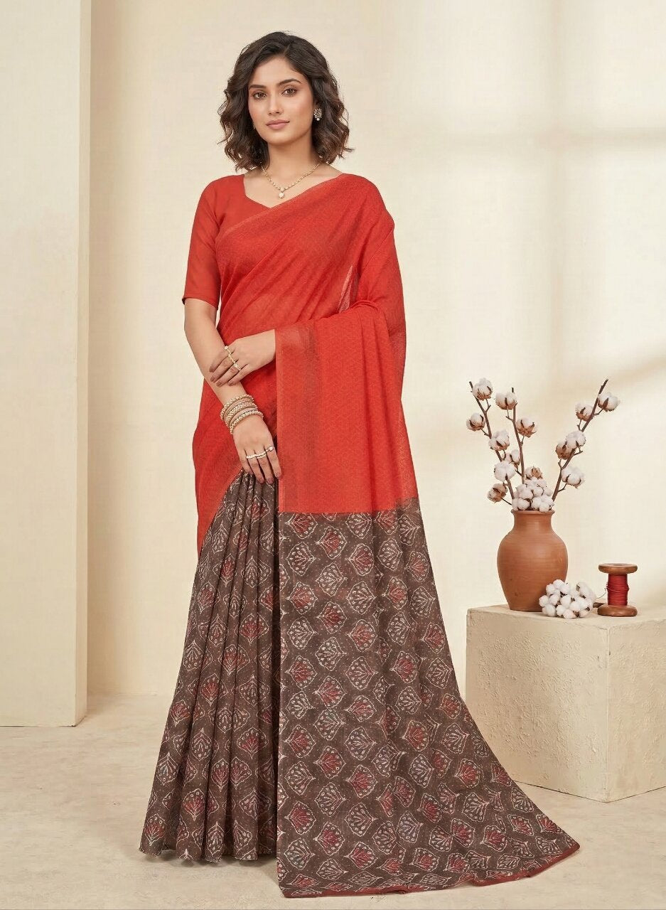 Saachi V- Pure Cotton Half-Half Printed Daily Wear Saree