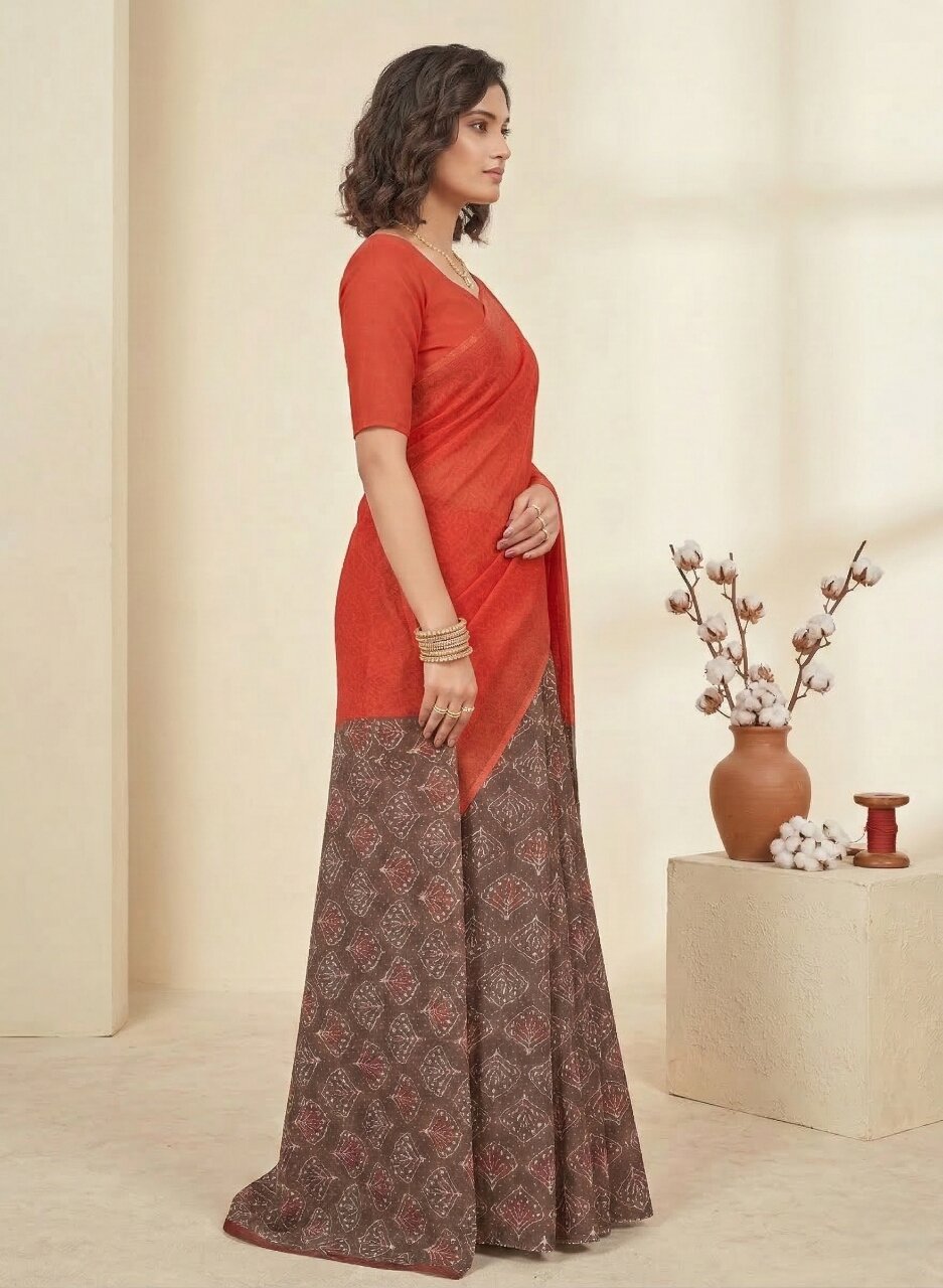 Saachi V- Pure Cotton Half-Half Printed Daily Wear Saree