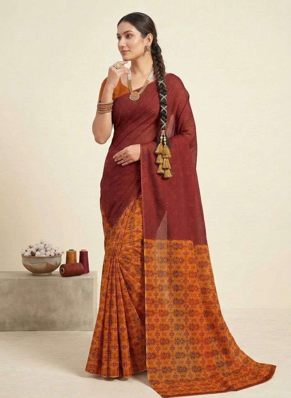 Saachi V- Pure Cotton Half-Half Printed Daily Wear Saree