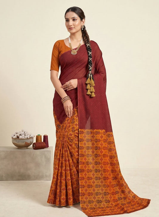 Saachi V- Pure Cotton Half-Half Printed Daily Wear Saree