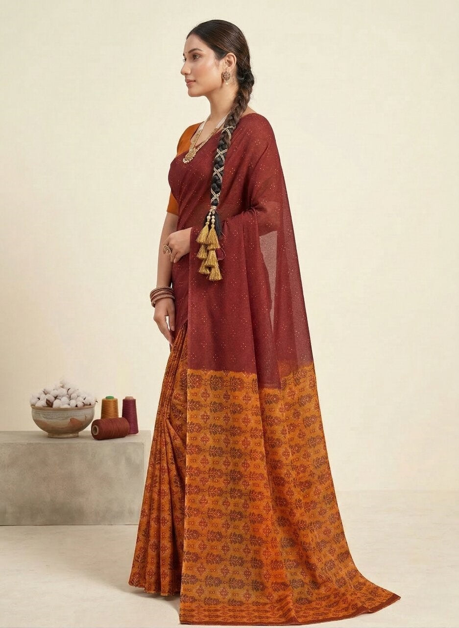 Saachi V- Pure Cotton Half-Half Printed Daily Wear Saree