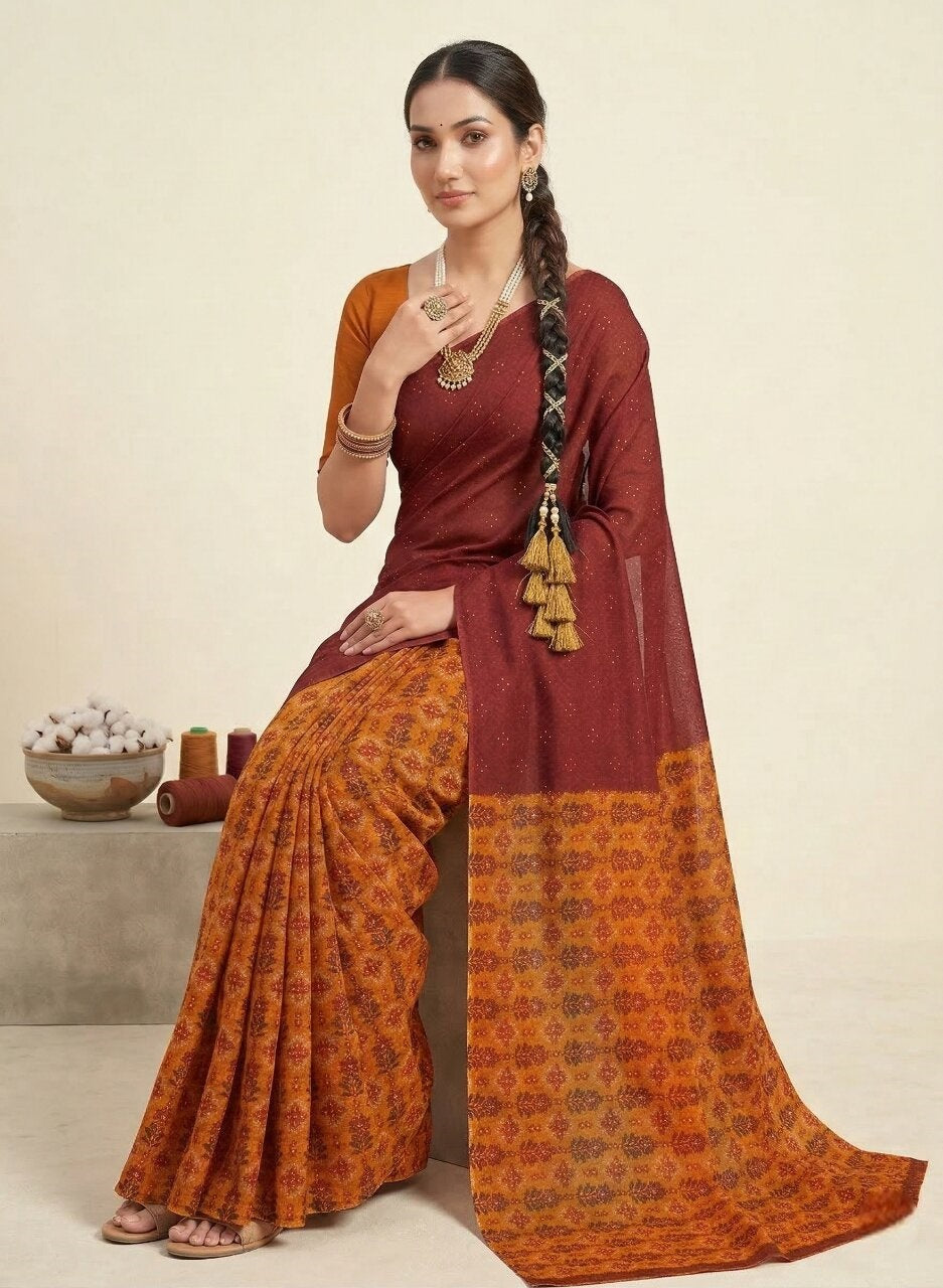 Saachi V- Pure Cotton Half-Half Printed Daily Wear Saree