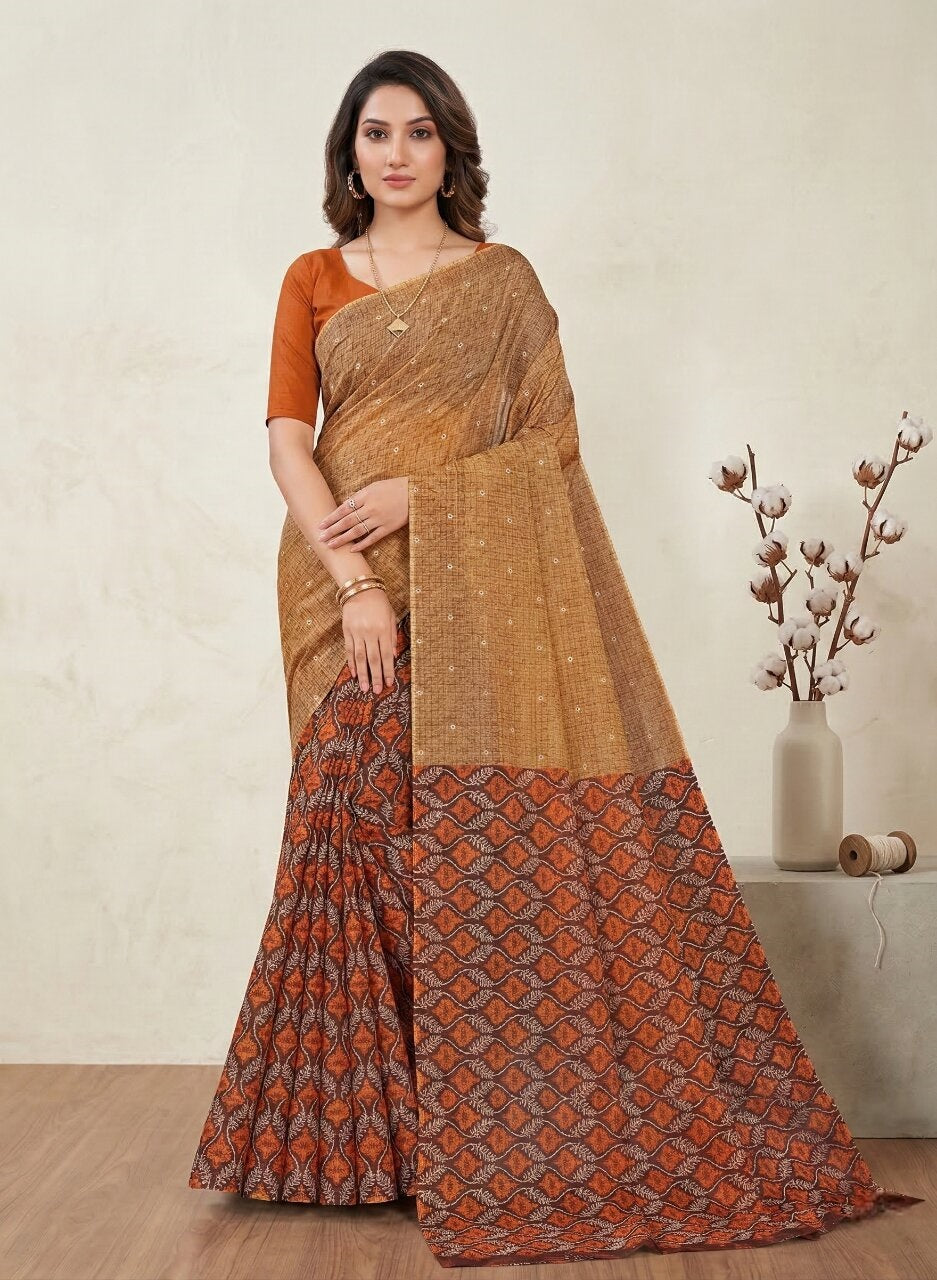 Saachi V-17 Pure Cotton Half-Half Printed Daily Wear Saree 10927