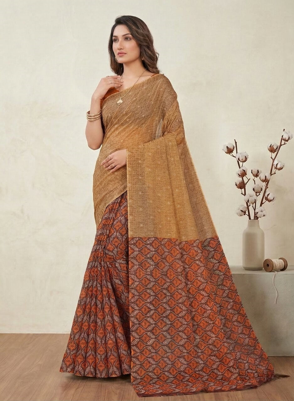 Saachi V-17 Pure Cotton Half-Half Printed Daily Wear Saree 10927