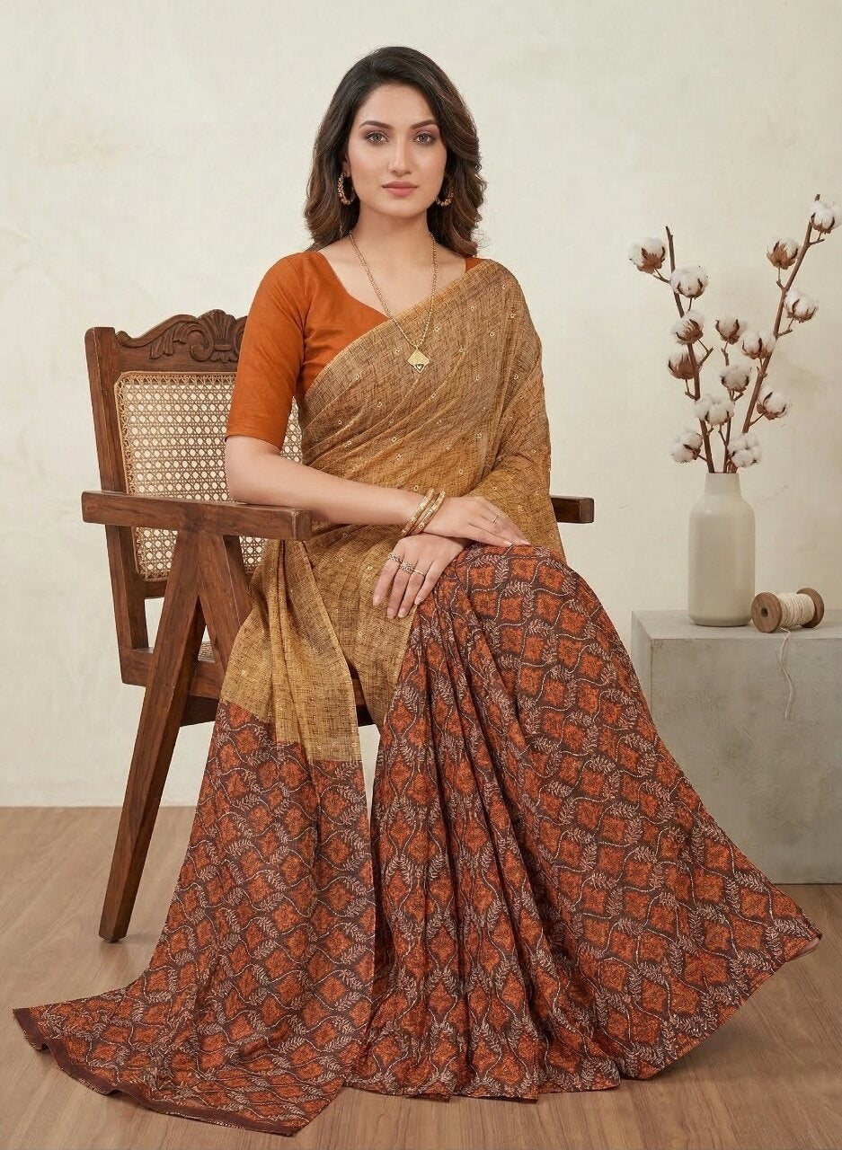 Saachi V-17 Pure Cotton Half-Half Printed Daily Wear Saree 10927