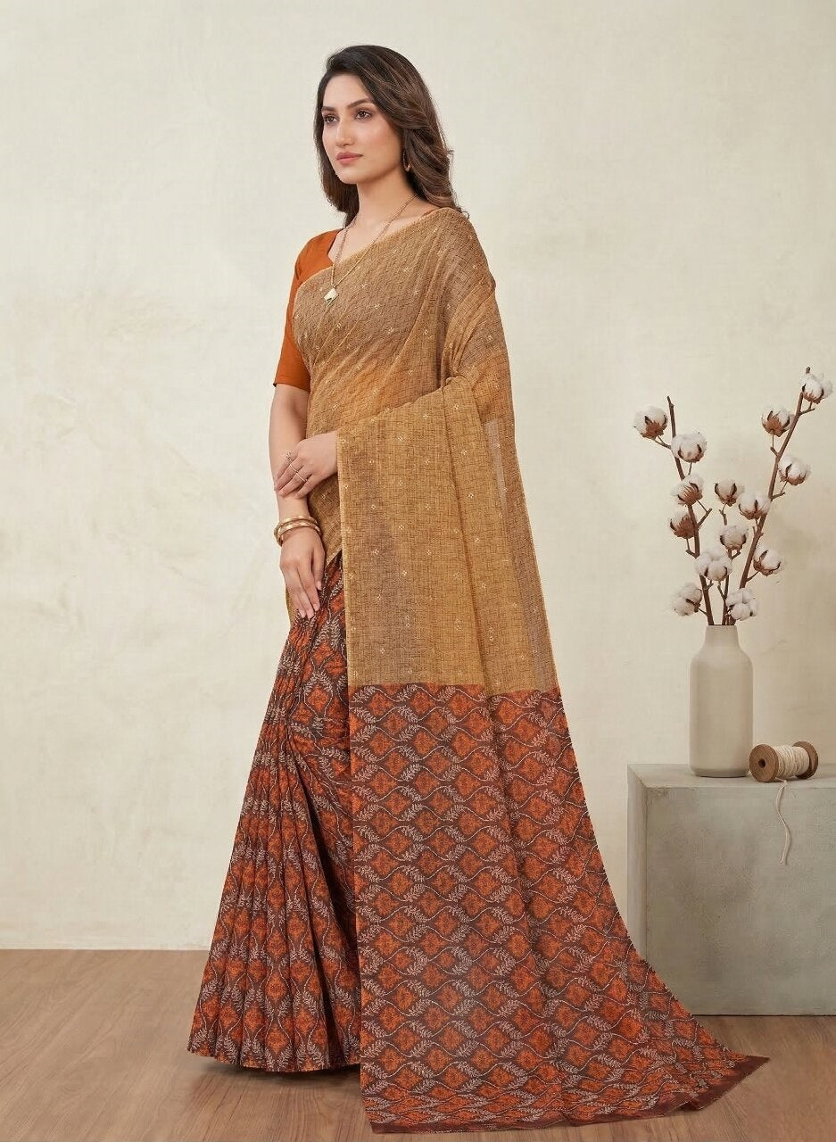 Saachi V-17 Pure Cotton Half-Half Printed Daily Wear Saree 10927