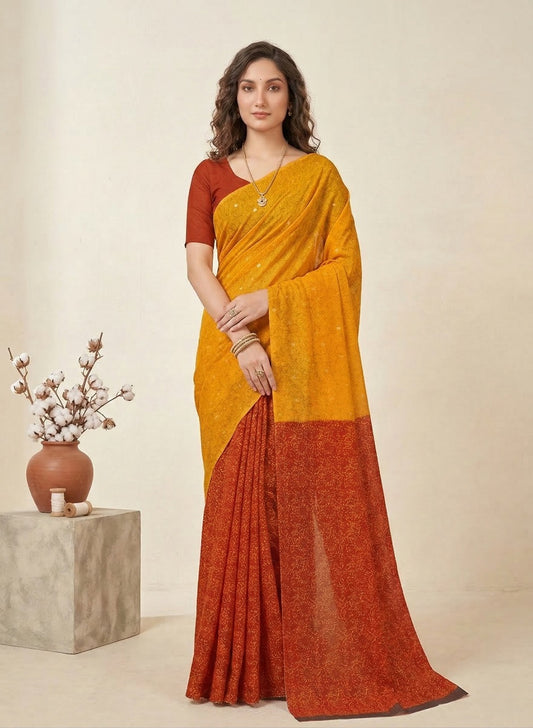 Saachi V- Pure Cotton Half-Half Printed Daily Wear  Soft Cotton Saree