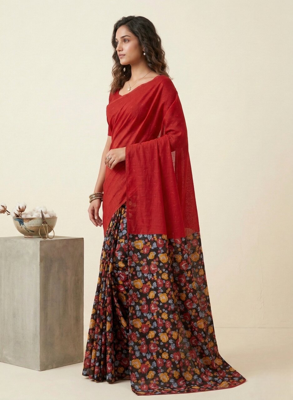 Saachi V-17 Pure Cotton Half-Half Printed Daily Wear Saree 11260