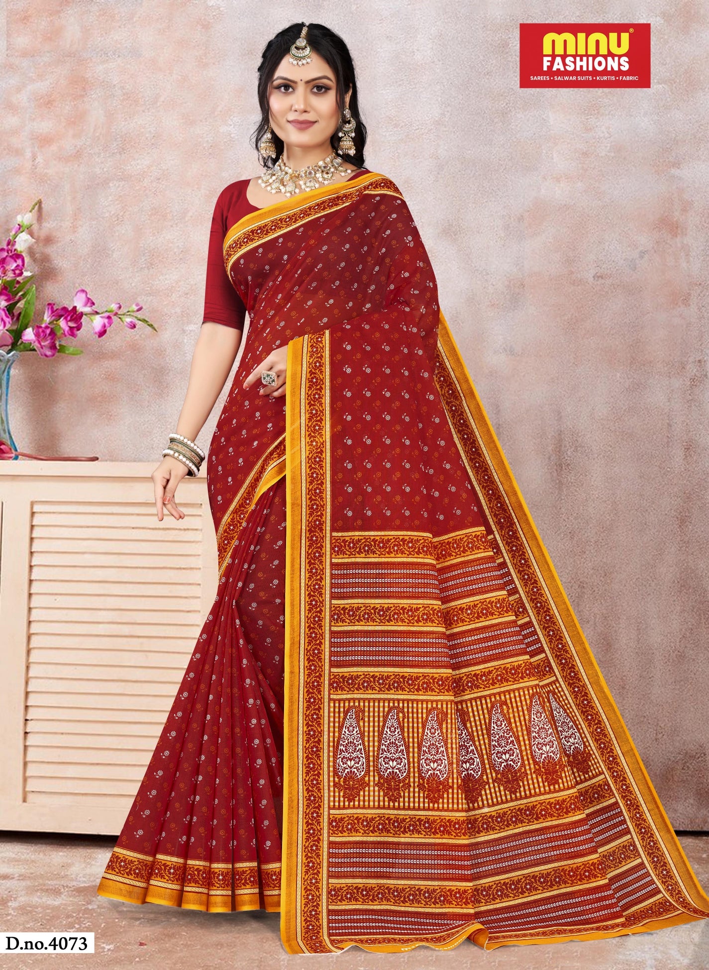 Monika V-1 Cotton Printed Saree Maroon 4073